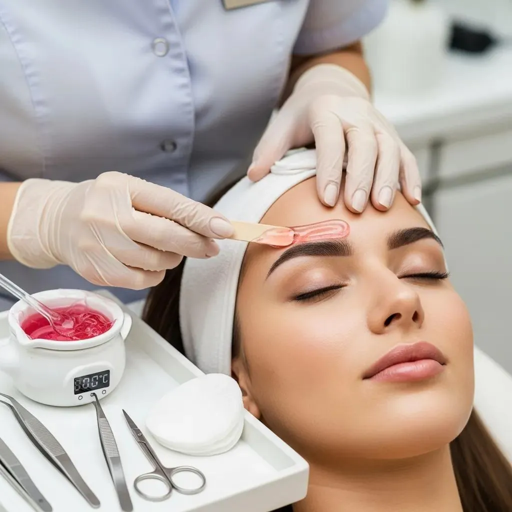 Eyebrow waxing process, showcasing the technique and professional environment
